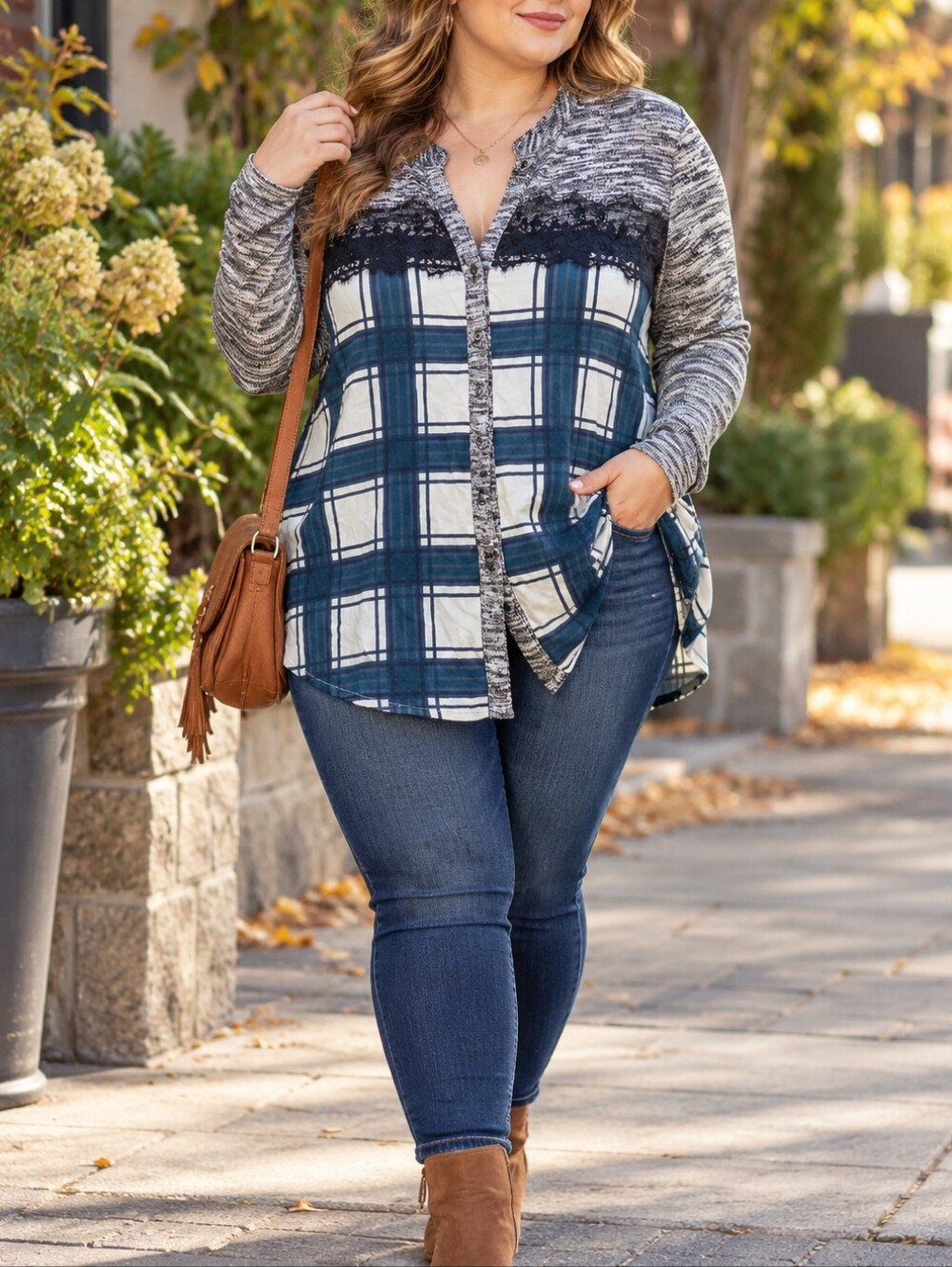 Warehouse One Plus Size Plaid Lace Trim Button Front Tunic Cardigan Casual Top